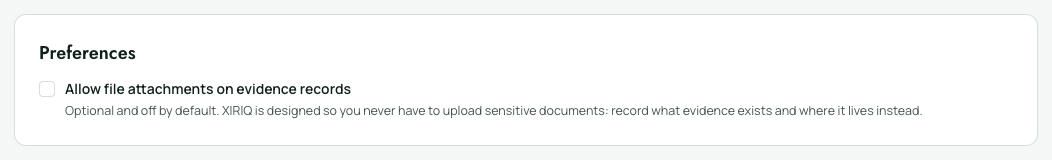 The Preferences card on the Account page with the file attachments toggle, off by default.