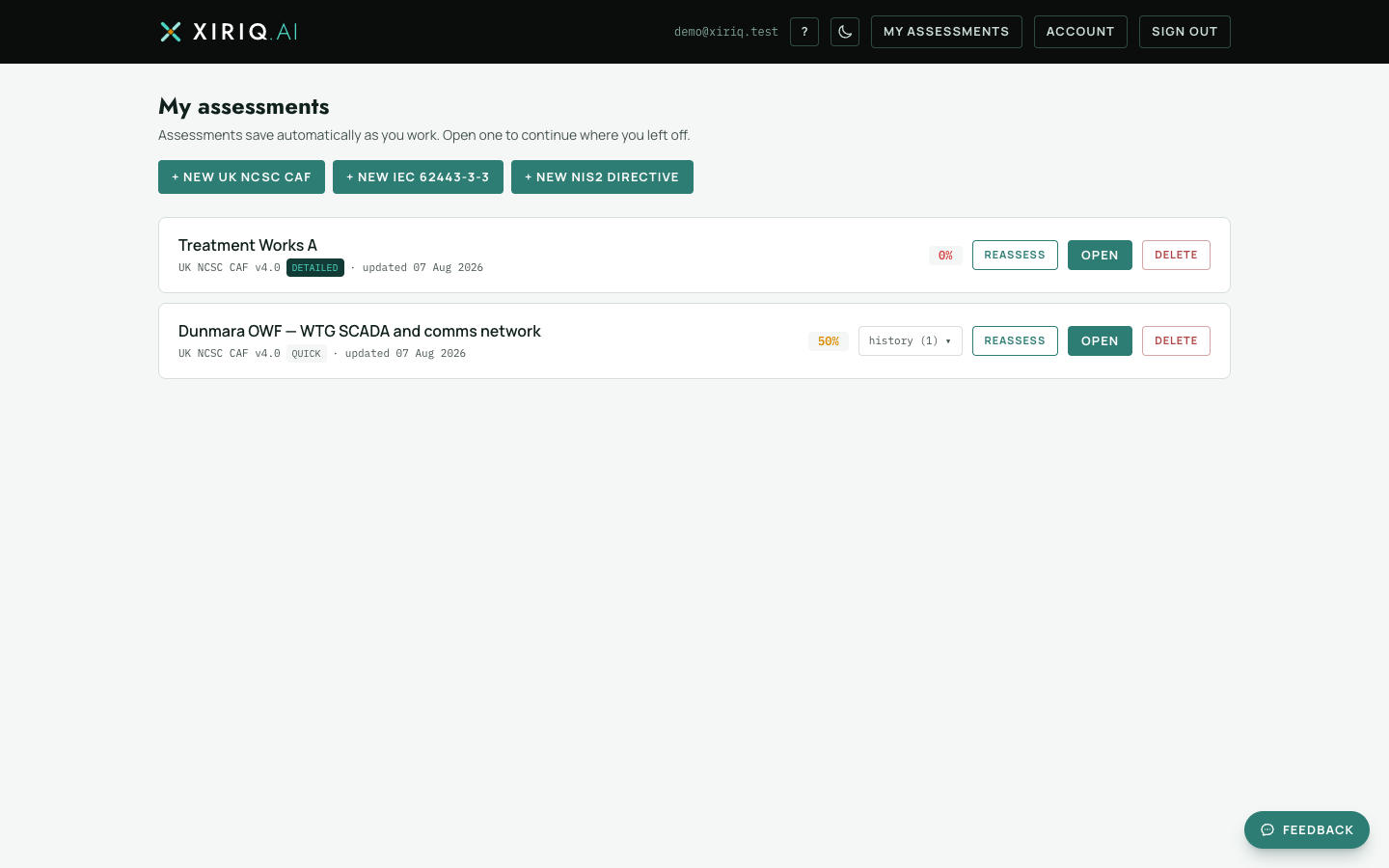 The My assessments page listing two assessments, each with its framework, score and a Reassess button, and framework buttons for starting a new assessment.