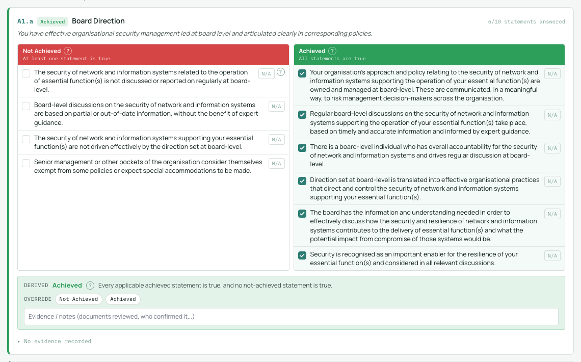 A contributing outcome in Detailed mode: indicator statements in their Not Achieved and Achieved columns, each with a checkbox and an N/A control.
