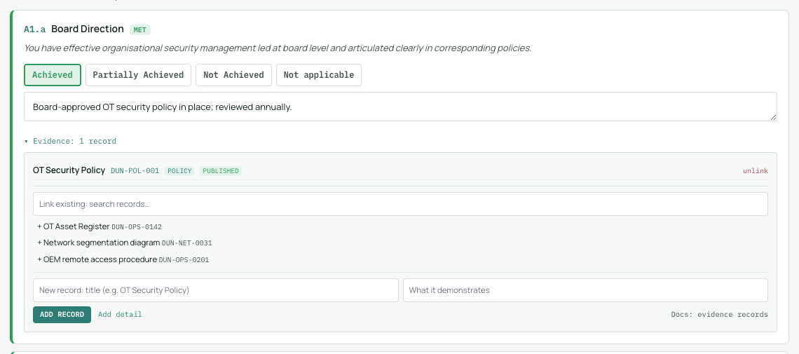 An outcome's evidence panel expanded, showing linked records with unlink actions, a search box for linking existing records, and the two-field add form.