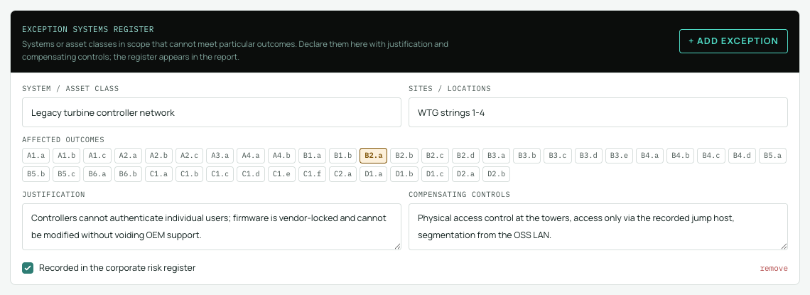 The exception systems register in a sector assessment: a system entry with its sites, justification, compensating controls and the outcomes it touches.