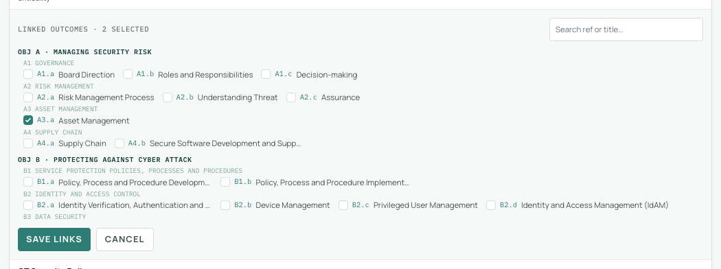 The link picker expanded beneath a record row in the Evidence tab: outcomes grouped by objective and principle with checkboxes, a search box, and Save links applying every change in one action.