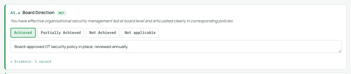 A contributing outcome in Quick mode: the outcome wording with status buttons and a notes field.