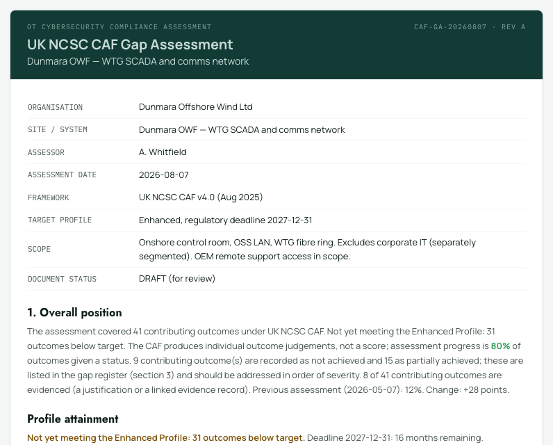 The top of the report document: the assessment header and the distribution of outcome judgements over the stated in-scope basis.