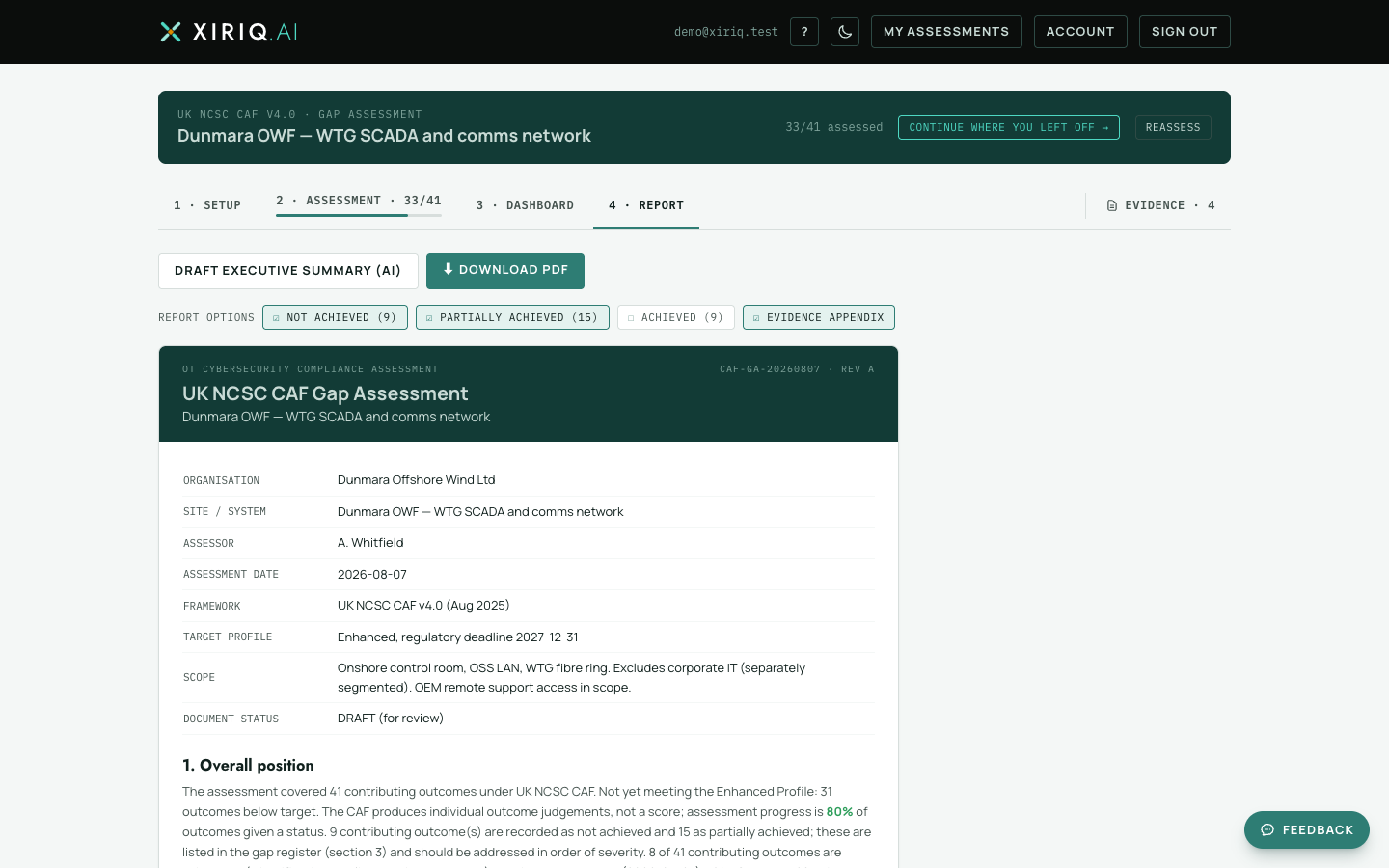 The Report tab: content toggles choosing which statuses the register lists and whether the evidence appendix is included, above the report itself.