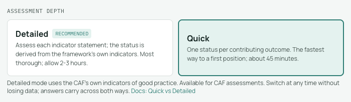 The assessment depth choice on the Setup tab: Detailed, marked recommended, beside Quick.
