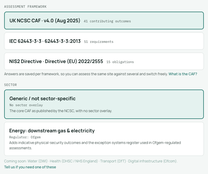 The Setup tab with UK NCSC CAF selected as the framework and the Energy sector chosen beneath it.